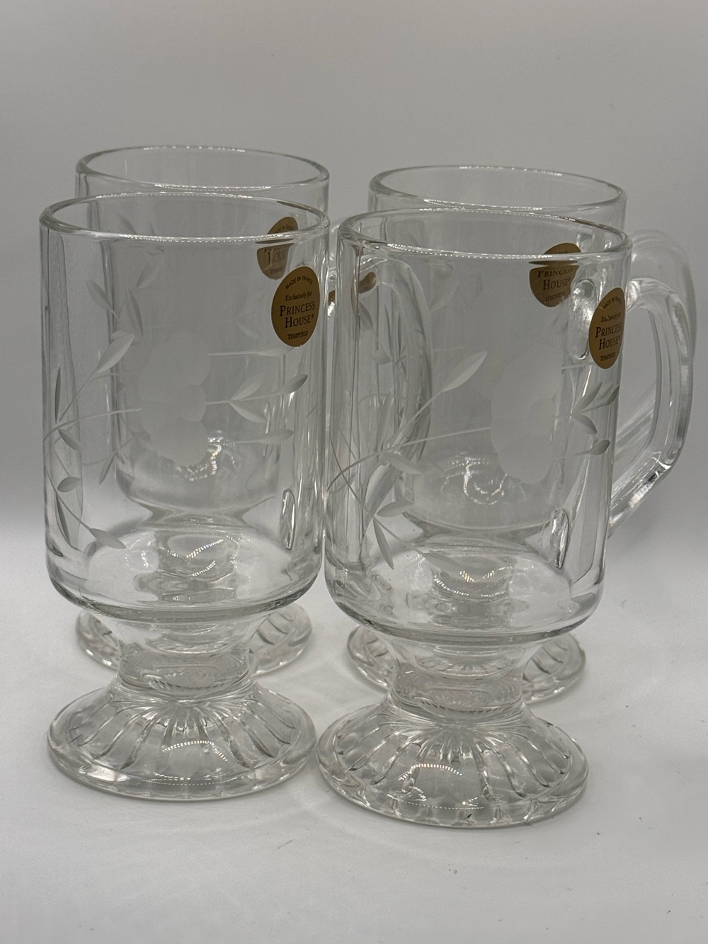 Set of 4 Princess House #504 Etched Tempered Glass Footed Irish Coffee Mugs.
